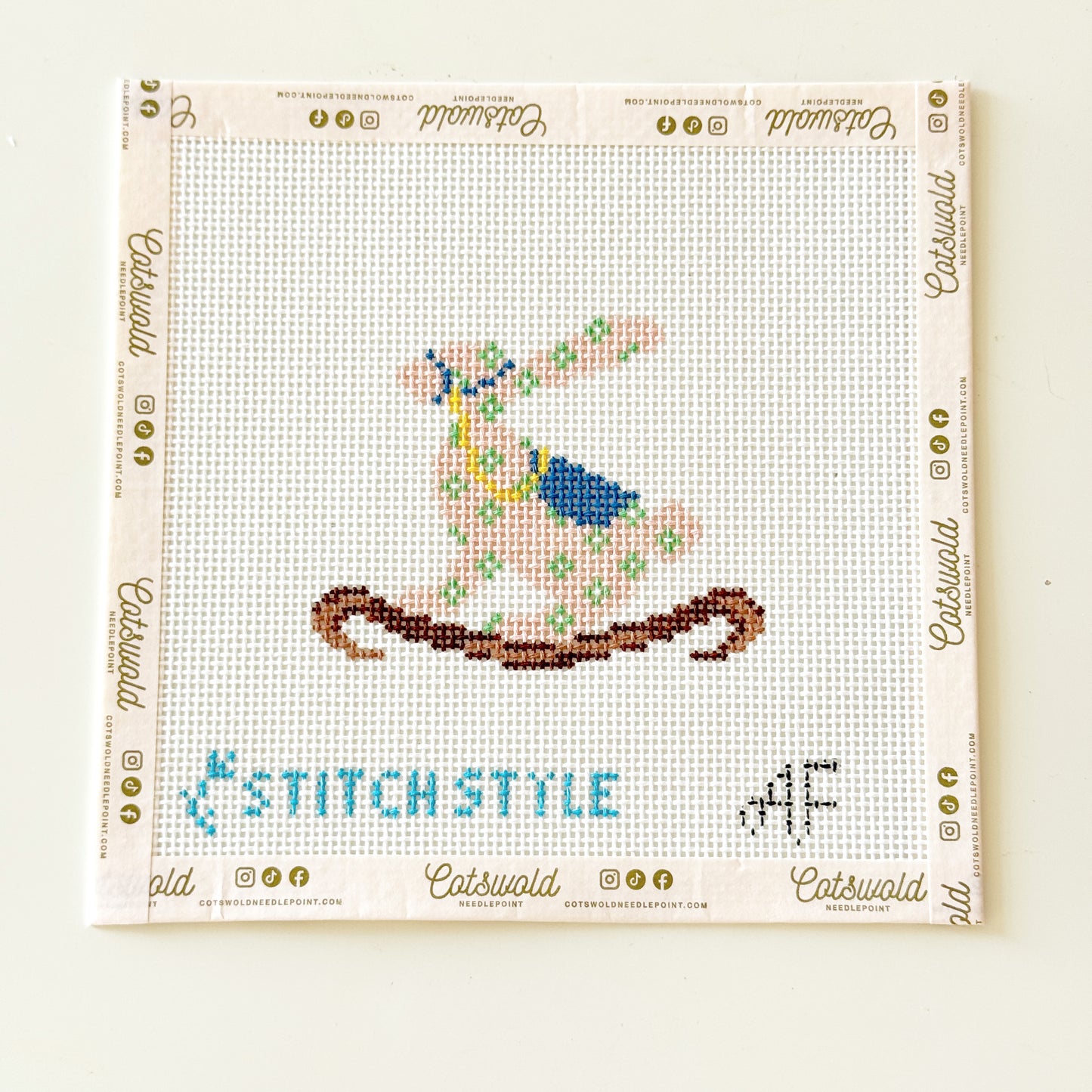 Rocking Bunny Blue Floral Children Needlepoint Canvas, Nursery Needlepoint Canvas, 13 mesh, 4x3 Design
