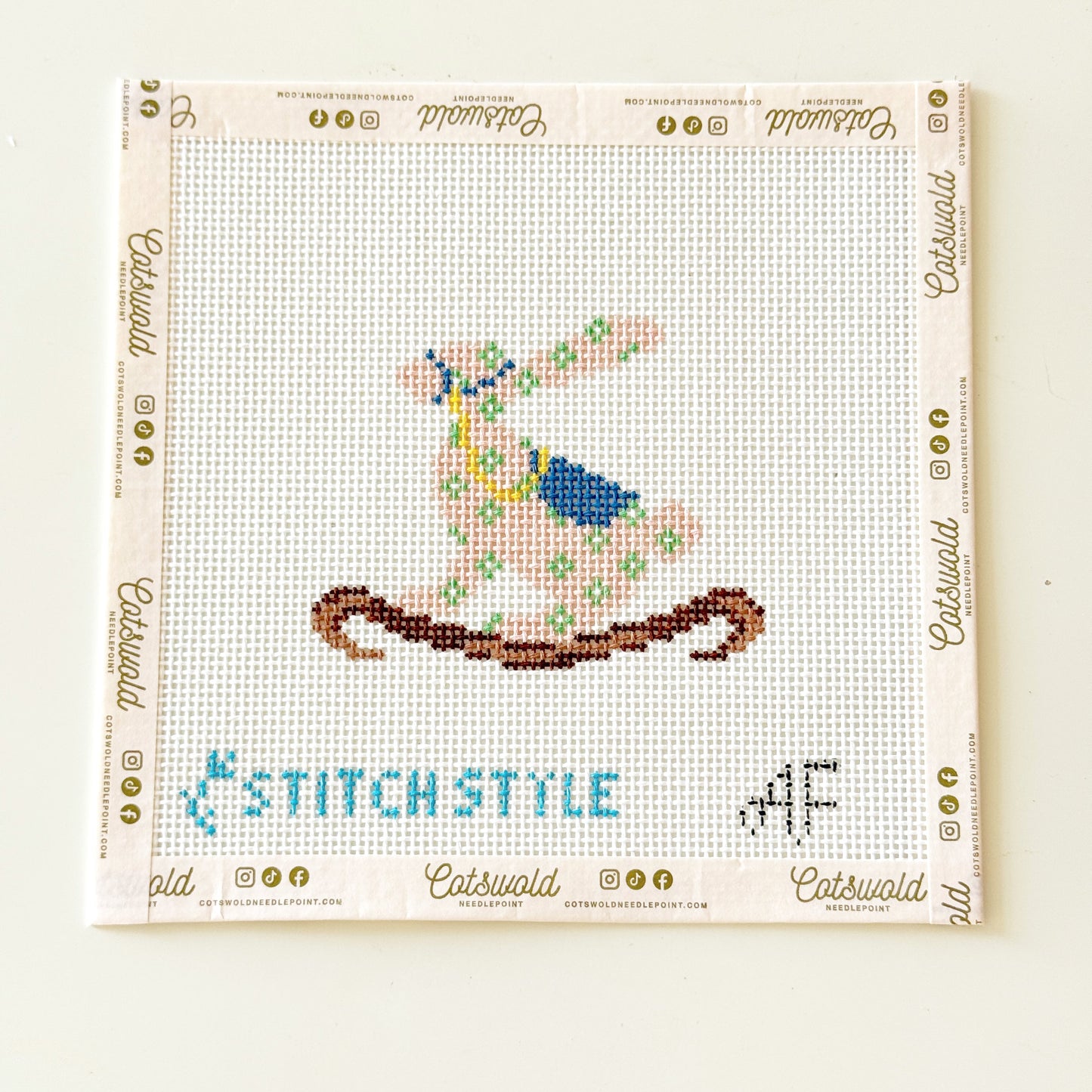 Rocking Bunny Blue Floral Children Needlepoint Canvas, Nursery Needlepoint Canvas, 13 mesh, 4x3 Design