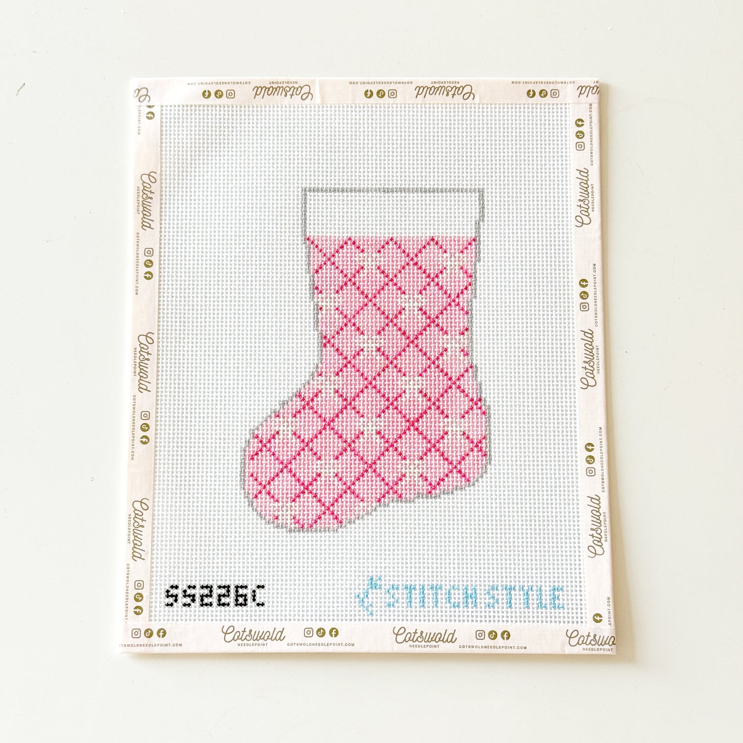 Pink and White Bows Mini Stocking Christmas Needlepoint Canvas, 13 Mesh, 4.5x6 Design