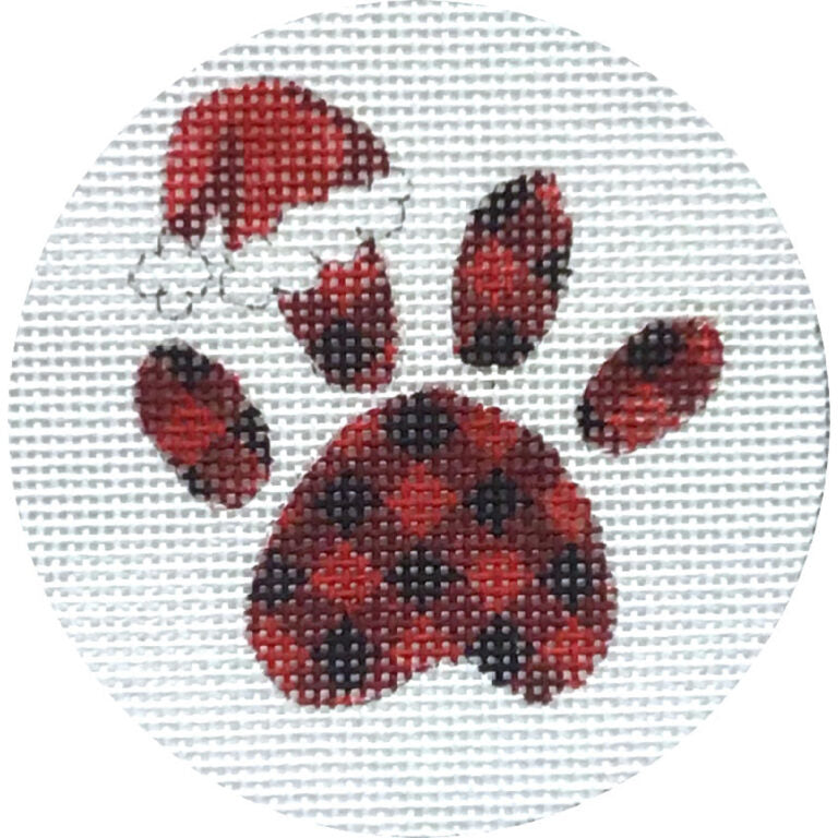 Plaid Dog Paw Needlepoint Canvas, Christmas Dog Ornament, 13 Mesh, 4" Round