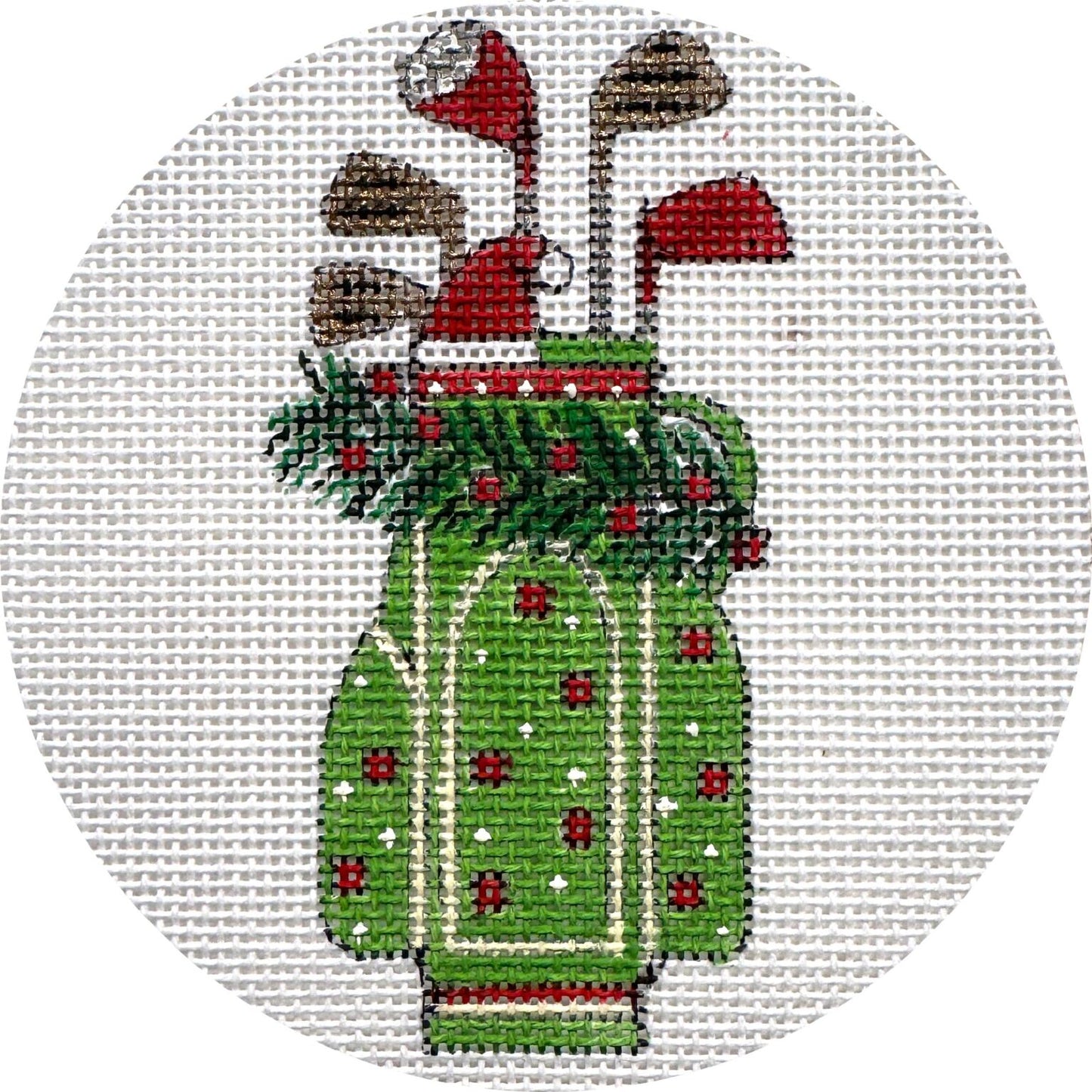 Christmas Golf Clubs Round Ornament Needlepoint Canvas, 18 Mesh, 4" Round