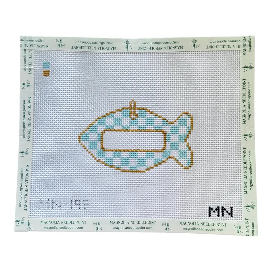 Blue Check Cat Tag Needlepoint Canvas