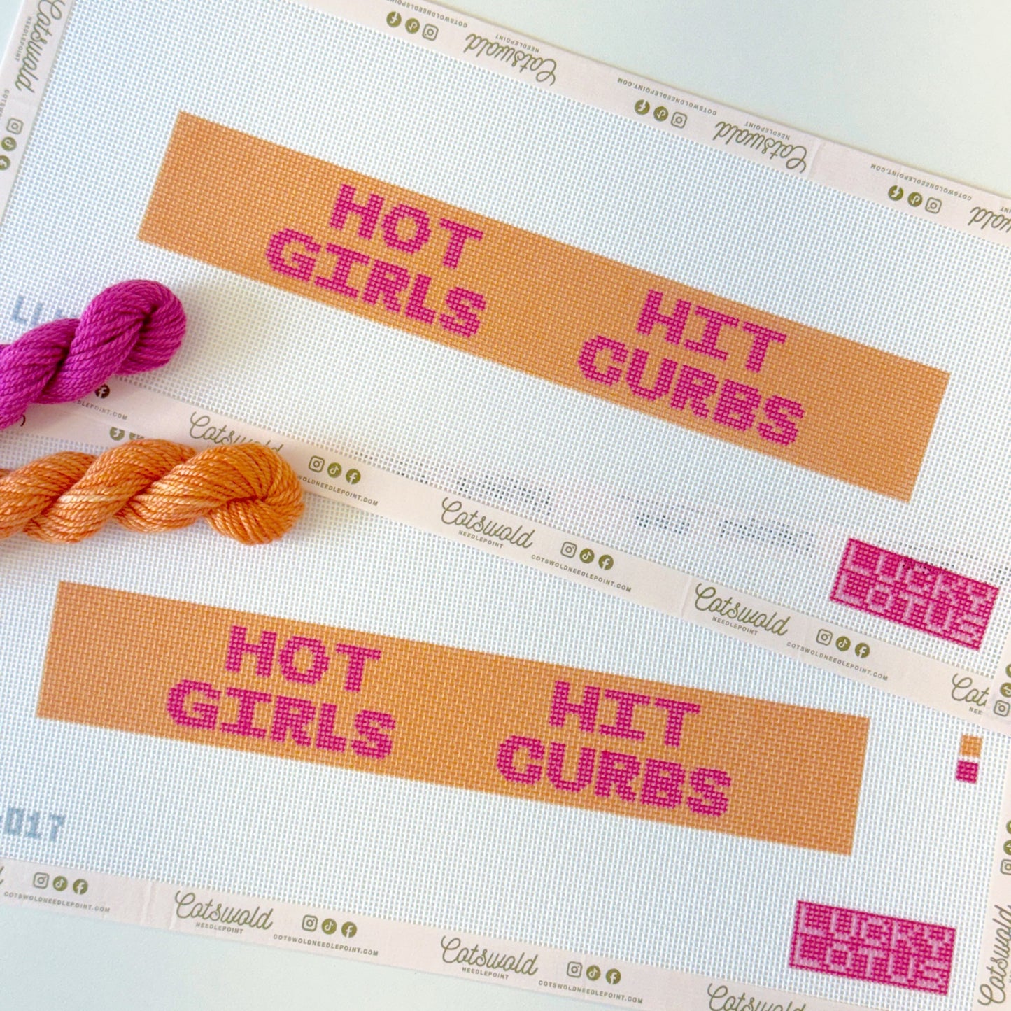 Close product photo of Hot Girls Hit Curbs orange and pink needlepoint belt canvas