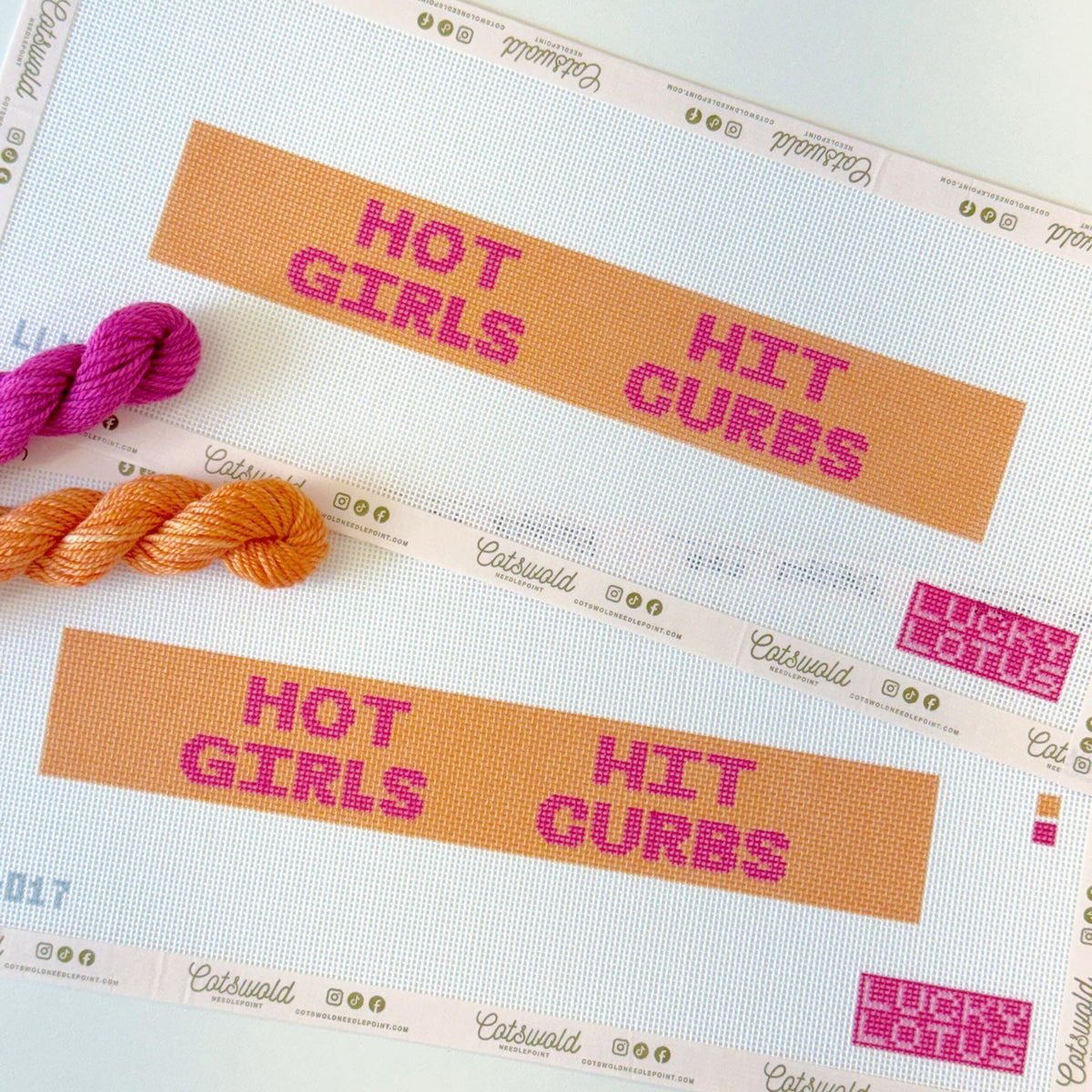 Close product photo of Hot Girls Hit Curbs orange and pink needlepoint belt canvas