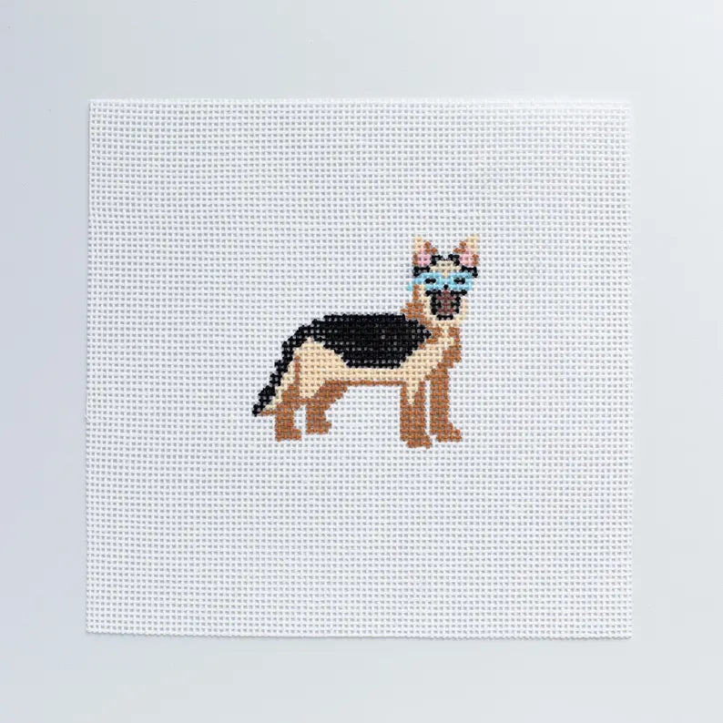 German Shepherd with Blue Sunglasses Needlepoint Canvas, Hand-Painted 18 Mesh