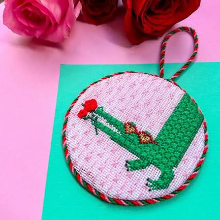 Valentine's Day Alligator with Rose Needlepoint Canvas Ornament, 4x4 Design, 18 Mesh