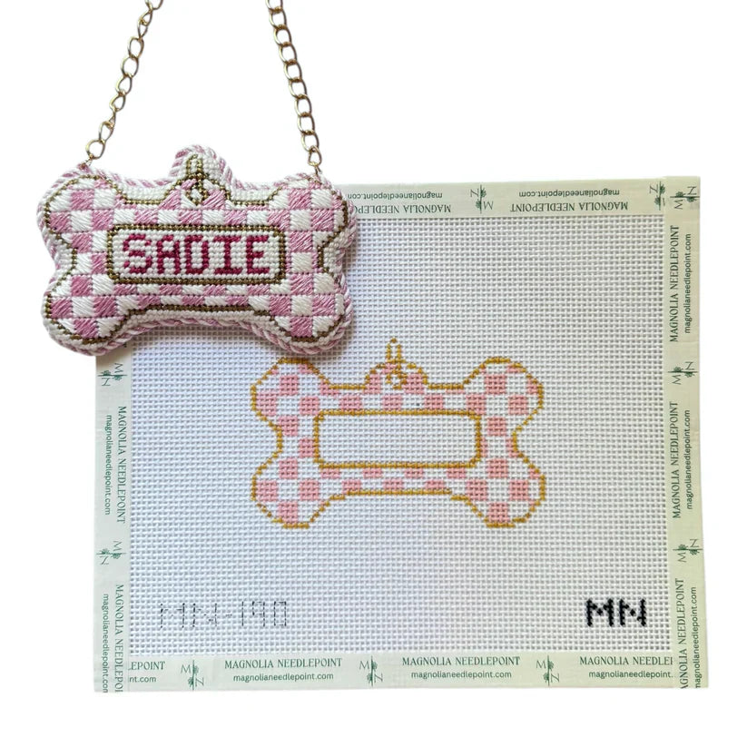 Pink Check Dog Tag Needlepoint Canvas