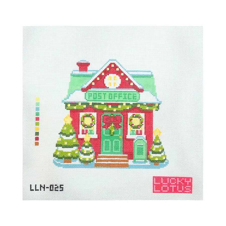 Post Office Christmas Village hand-painted 13 mesh needlepoint canvas by Lucky Lotus Needlepoint