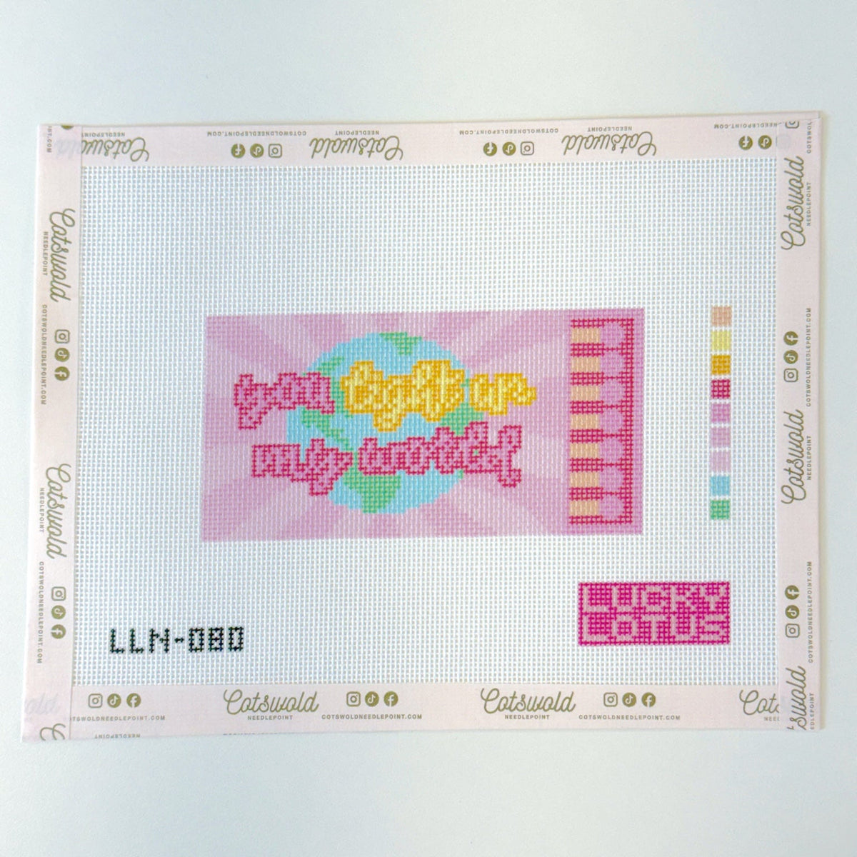 You Light Up My World matchbox needlepoint canvas on 18 mesh in pink yellow aqua and green