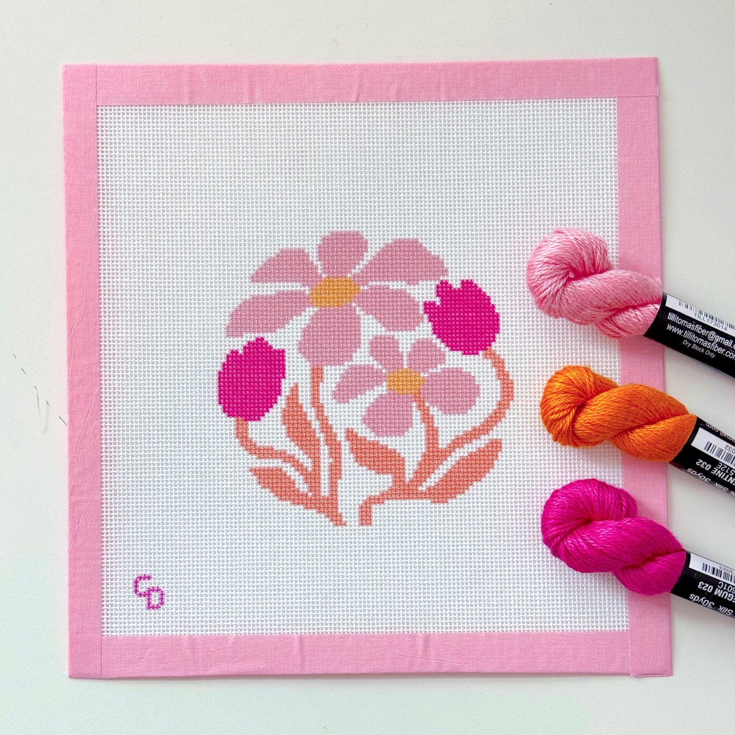 Abstract Boho Pink Flower Round Ornament Needlepoint, Boho Needlepoint Canvas, Spring Needlepoint Canvas, 18 Mesh, 4x4