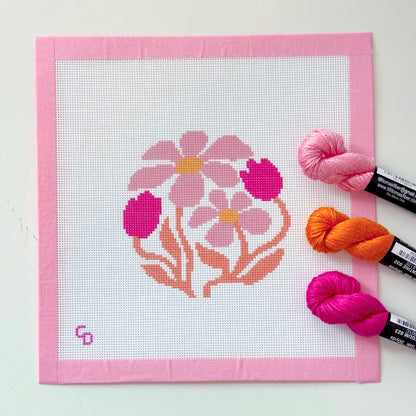 Abstract Boho Pink Flower Round Ornament Needlepoint, Boho Needlepoint Canvas, Spring Needlepoint Canvas, 18 Mesh, 4x4