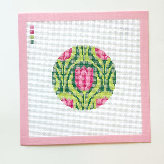 Art Nouveau Tulip Flower Round Ornament Needlepoint Canvas, 13 Mesh, 4x4 Design