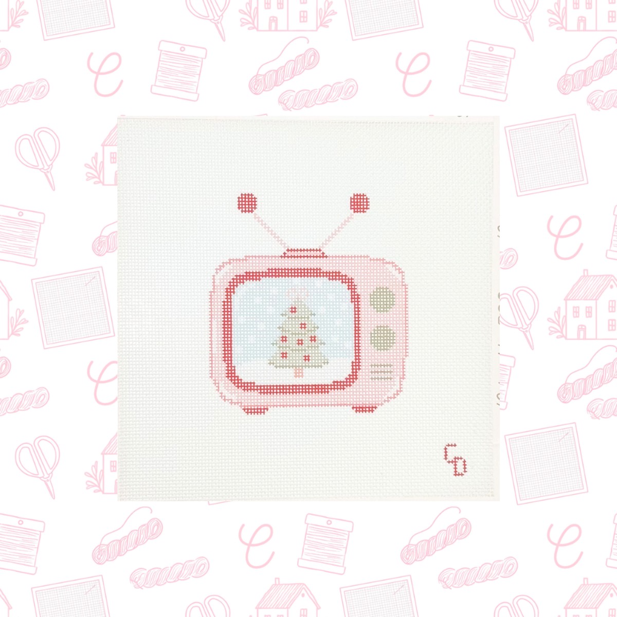 Nostalgic Pink Christmas TV Needlepoint Canvas, 18 Mesh, 3.5"x3.75" Design Size