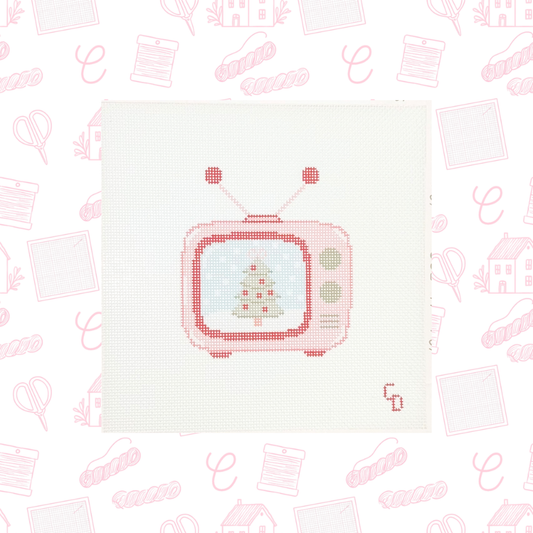 Nostalgic Pink Christmas TV Needlepoint Canvas, 18 Mesh, 3.5"x3.75" Design Size