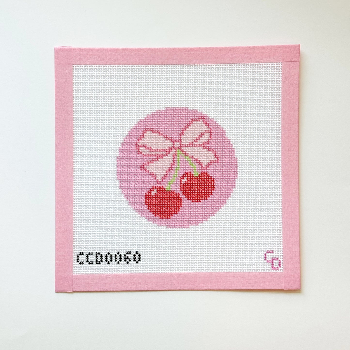 Cherry Bow Round Ornament Needlepoint Canvas, 13 Mesh, 4x4 Design
