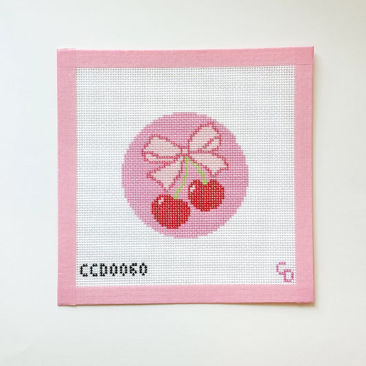 Cherry Bow Round Ornament Needlepoint Canvas, 13 Mesh, 4x4 Design