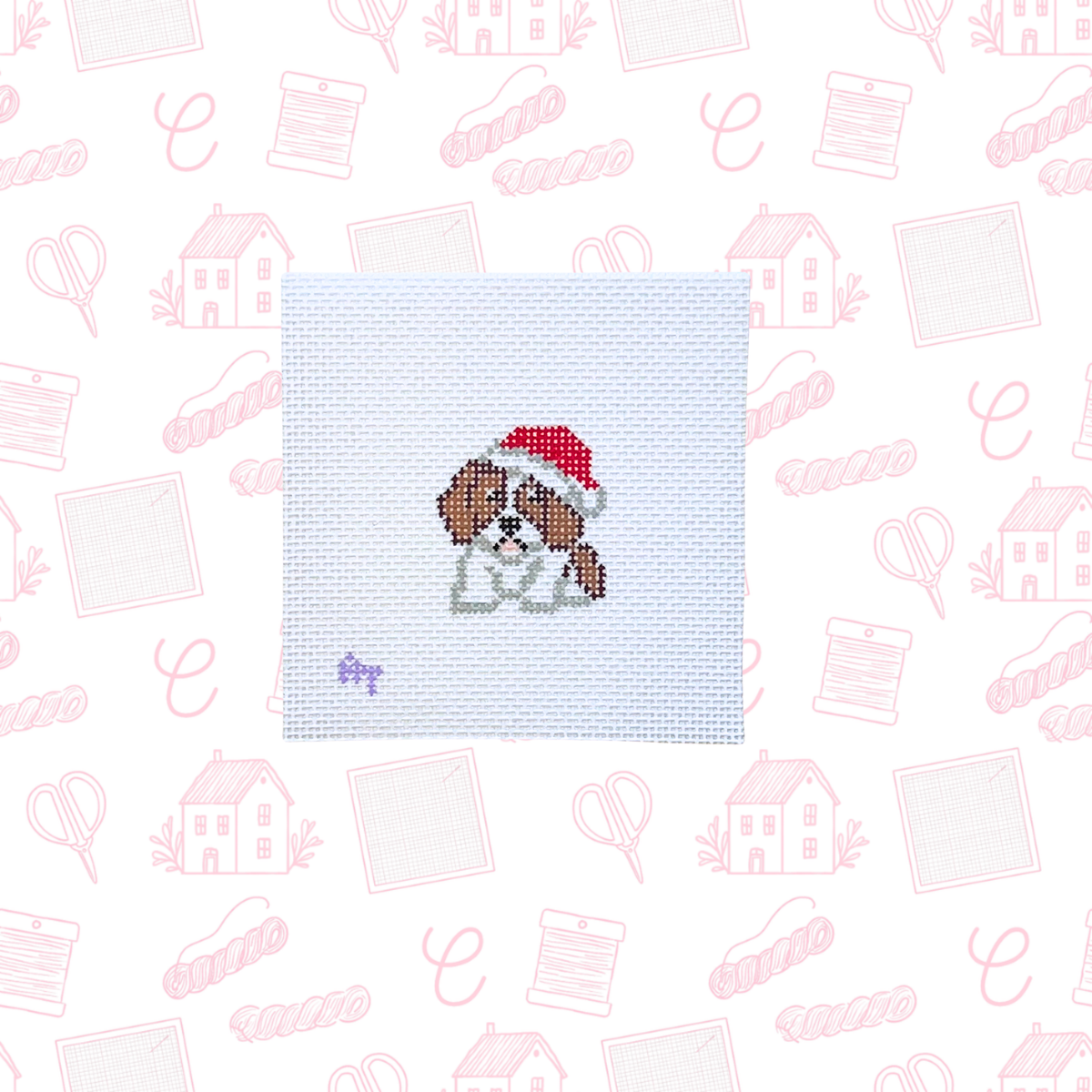Christmas Hat Dog Mini Needlepoint Canvas, 18 Mesh, 1.5"x1.5" Design Size