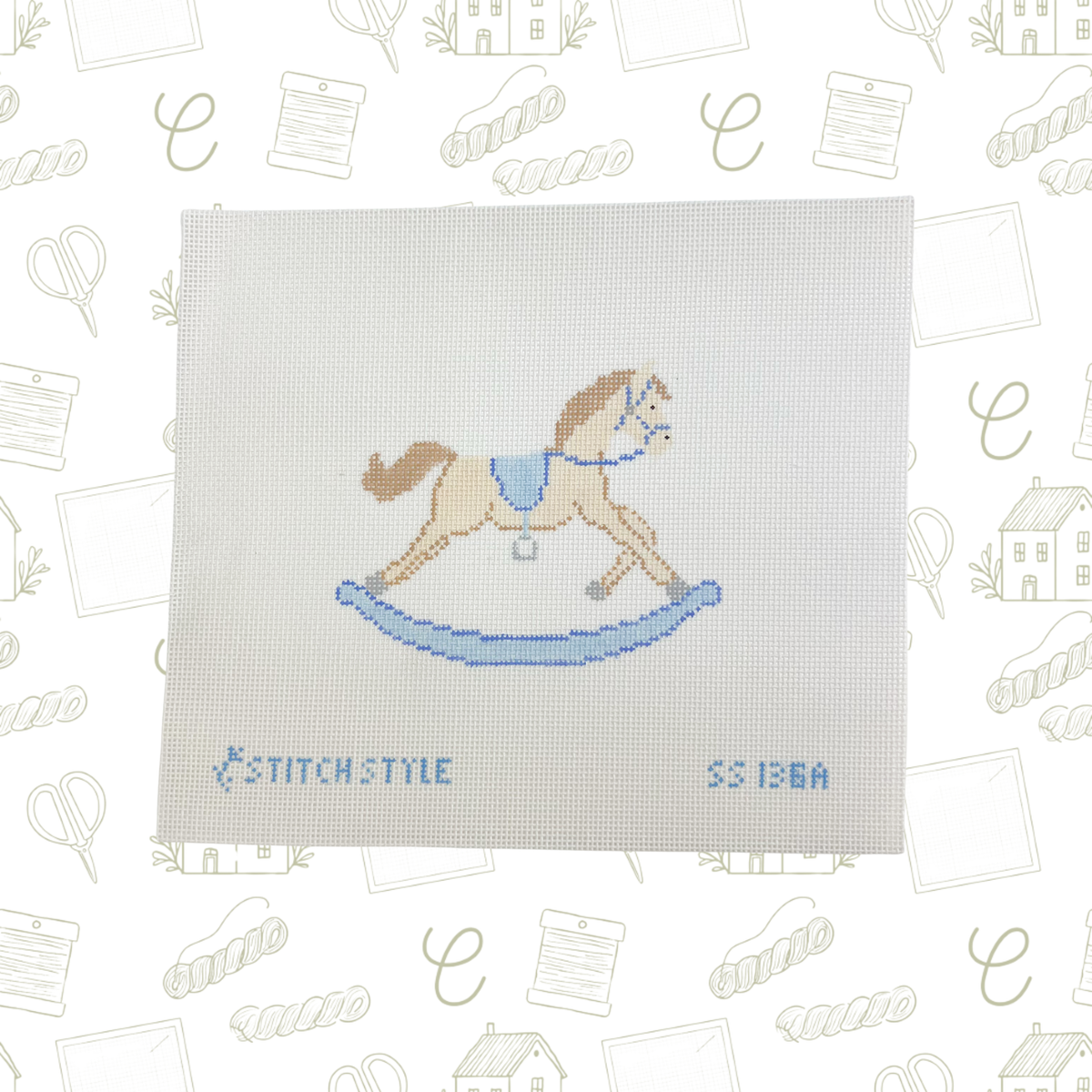 Blue Rocking Horse Needlepoint Canvas, 18 Mesh, 3.5" x 4.5"  Design Size