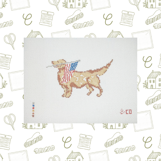 American Flag Golden Retriever Needlepoint Canvas, 18 Mesh, 4.5"x3" Design Size