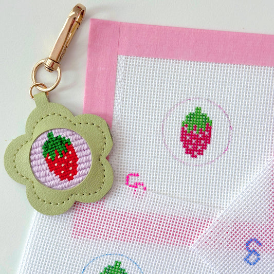 Mini Strawberry 1” Circle Key Fob Canvas Insert, 18 Mesh, Beginner Needlepoint