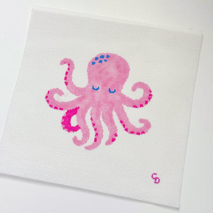 Pink Octopus Pillow Hand Painted Needlepoint Canvas 18 Mesh, 7x7 Design