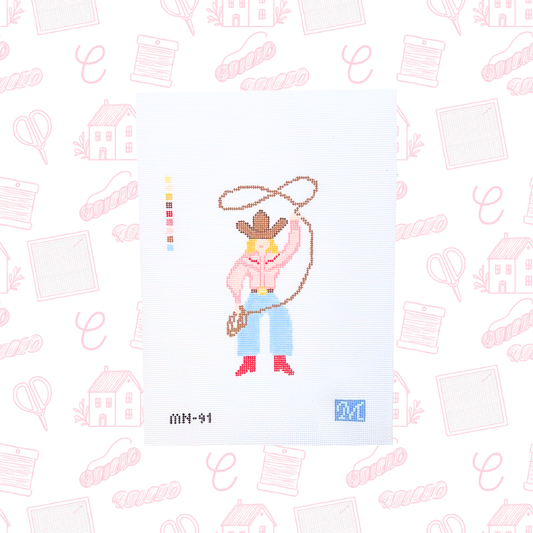 Cowgirl with Rope Needlepoint Canvas, 18 Mesh, 3.3x5.4" Design Size