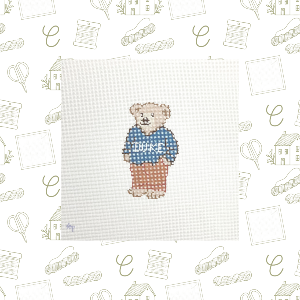 Blue Devil NC College Sweater Bear Needlepoint Canvas, 18 Mesh, 4.5" x2.5" Design Size