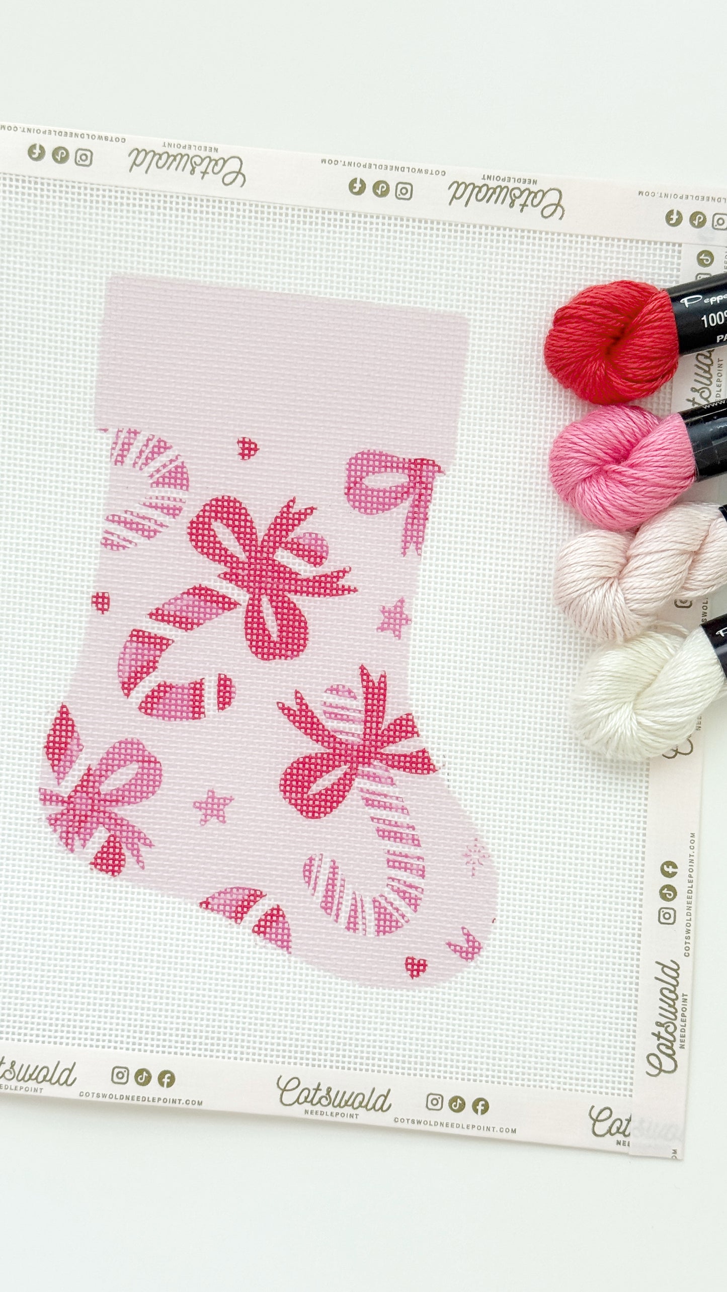 Candy Cane Bows Mini Christmas Needlepoint Canvas, 18 Mesh, Artisan Printed Needlepoint, 6x9 Design