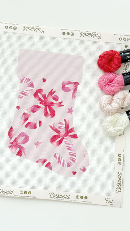 Candy Cane Bows Mini Christmas Needlepoint Canvas, 18 Mesh, Artisan Printed Needlepoint, 6x9 Design