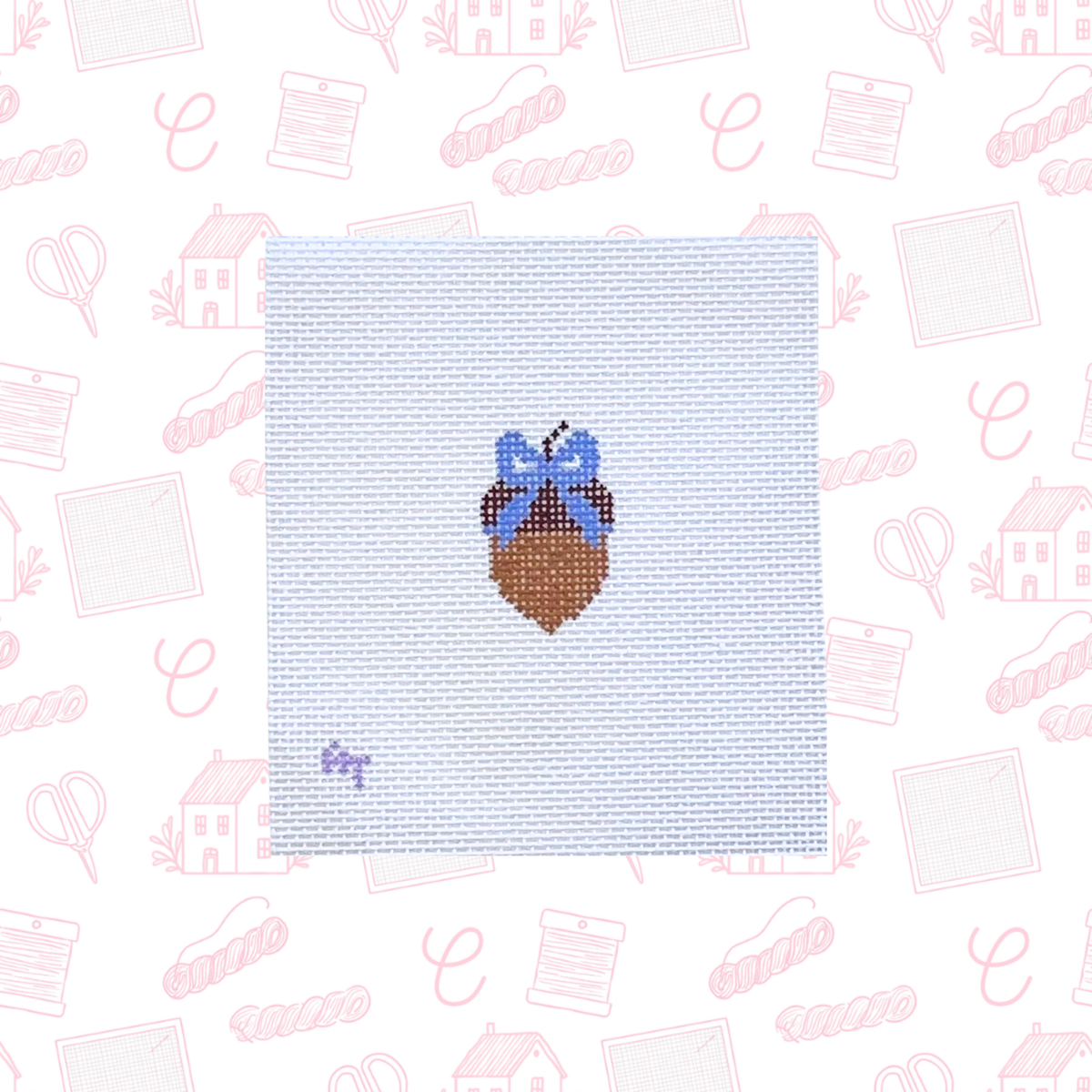 Mini Acorn with Blue Bow Needlepoint Canvas, 18 Mesh, 1.5"x1.5" Design Size
