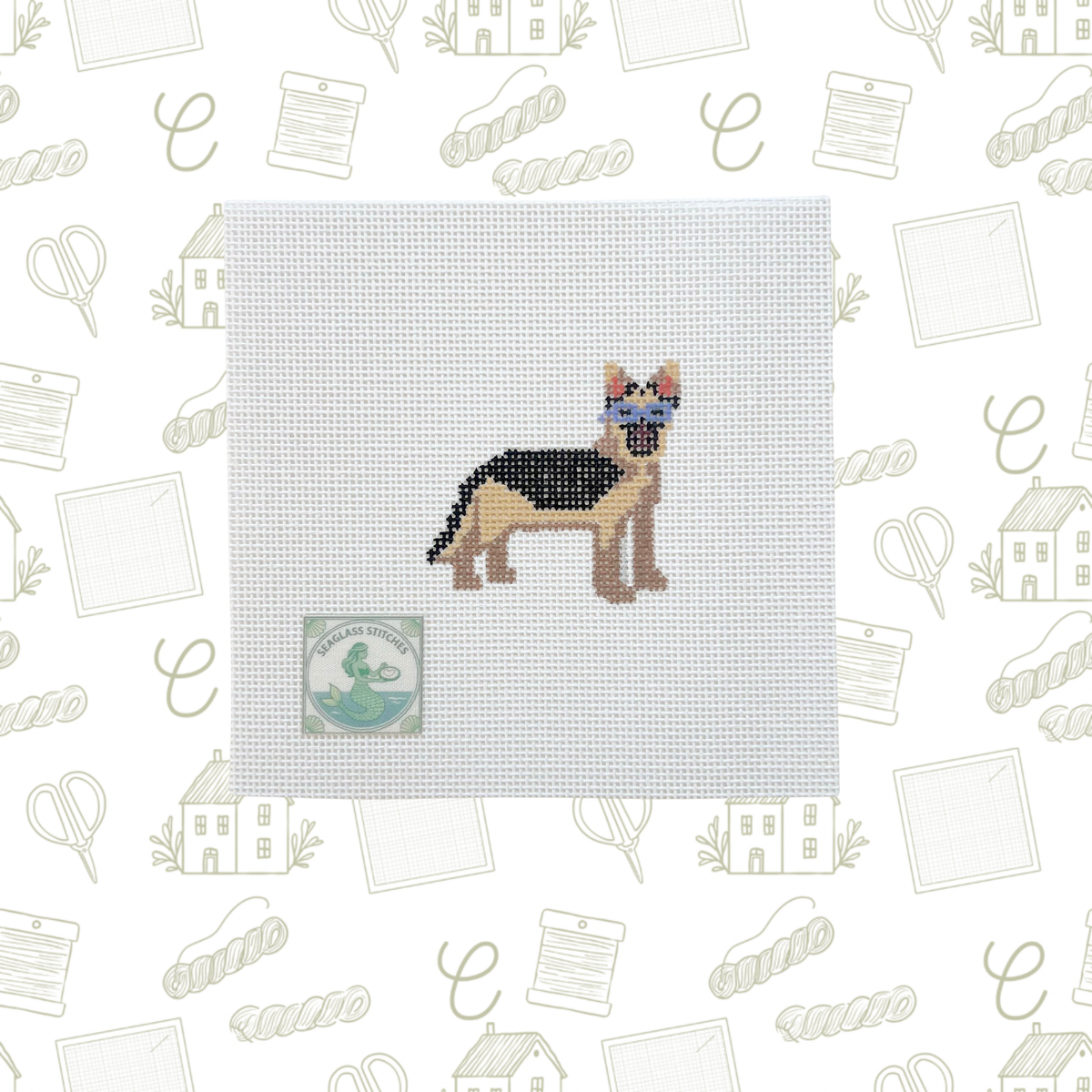 German Shepherd with Blue Sunglasses Needlepoint Canvas, Hand-Painted 18 Mesh
