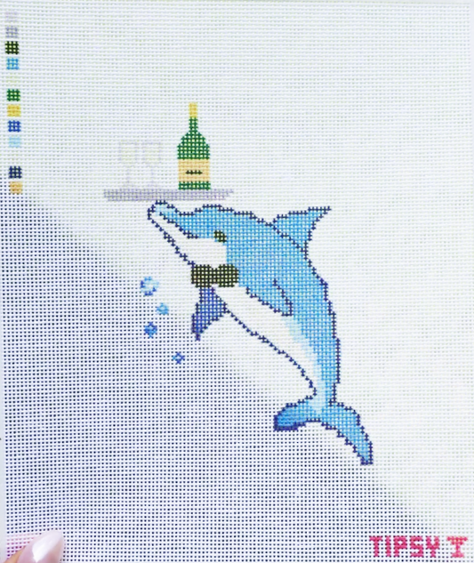 Dolphin Serving Champagne Needlepoint Canvas, 18 Mesh, 3.7 X 5.3 Design