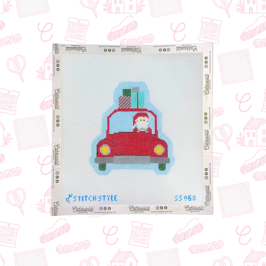 Driving Santa Needlepoint Canvas, 18 Mesh, ~ 4.5"x5" Design Size