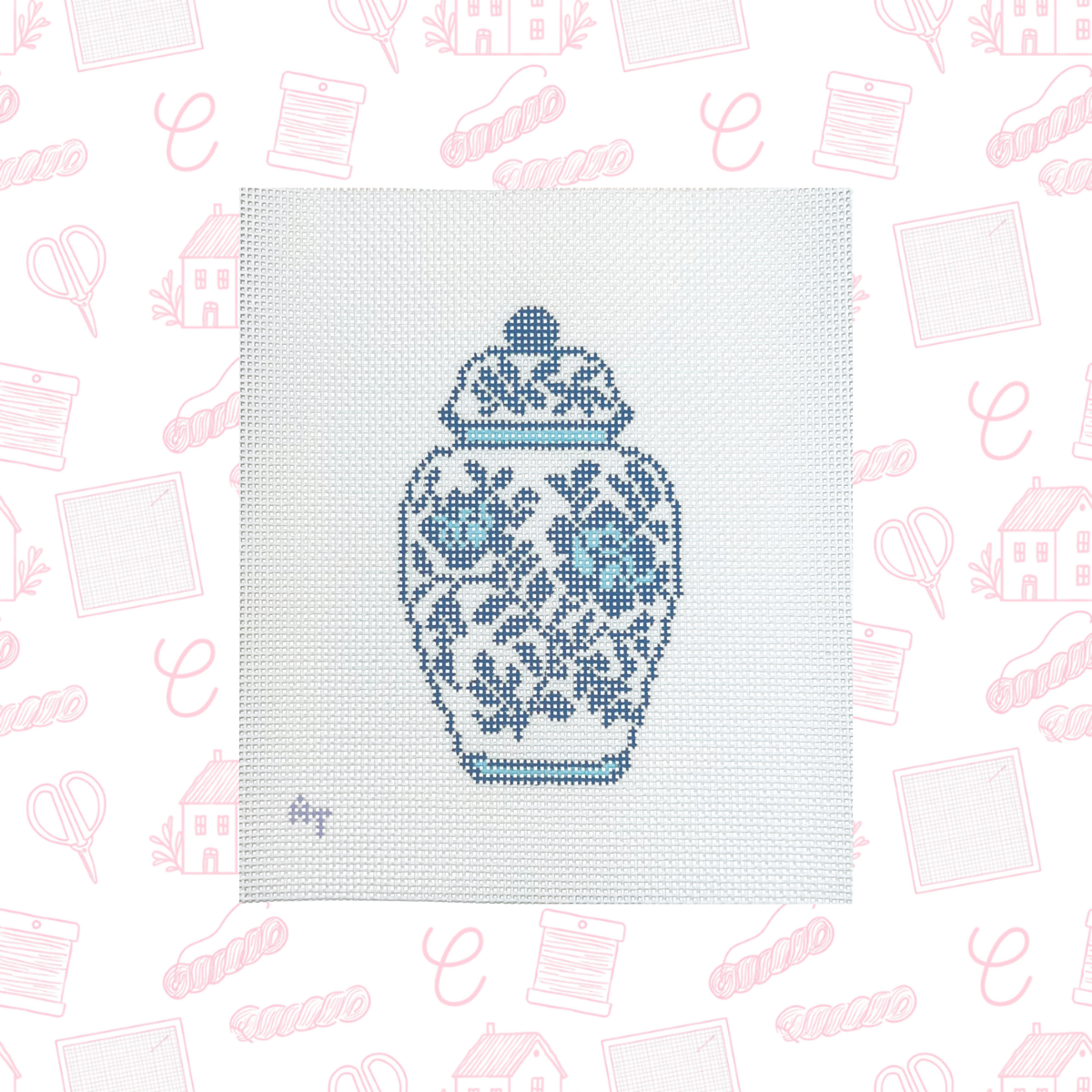 Blue Floral Vase Needlepoint Canvas, 13 mesh, 3"x5.5" Design Size