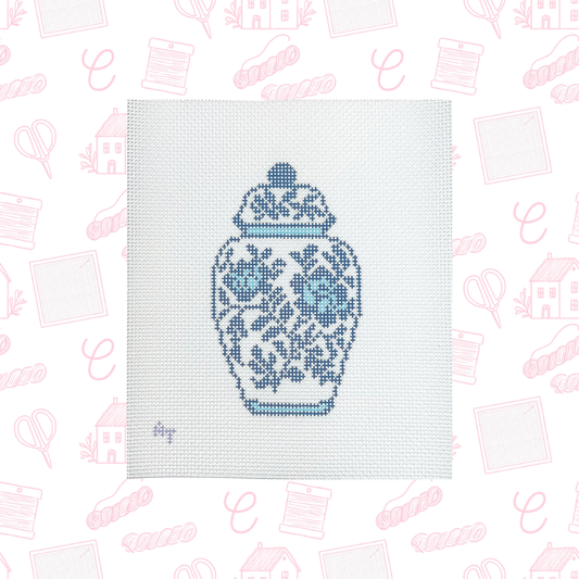 Blue Floral Vase Needlepoint Canvas, 13 mesh, 3"x5.5" Design Size