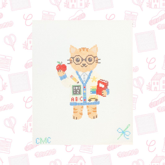 Tillie the Teacher Kitty Needlepoint Canvas, 18 Mesh, 3.5” x 4.8” Design Size