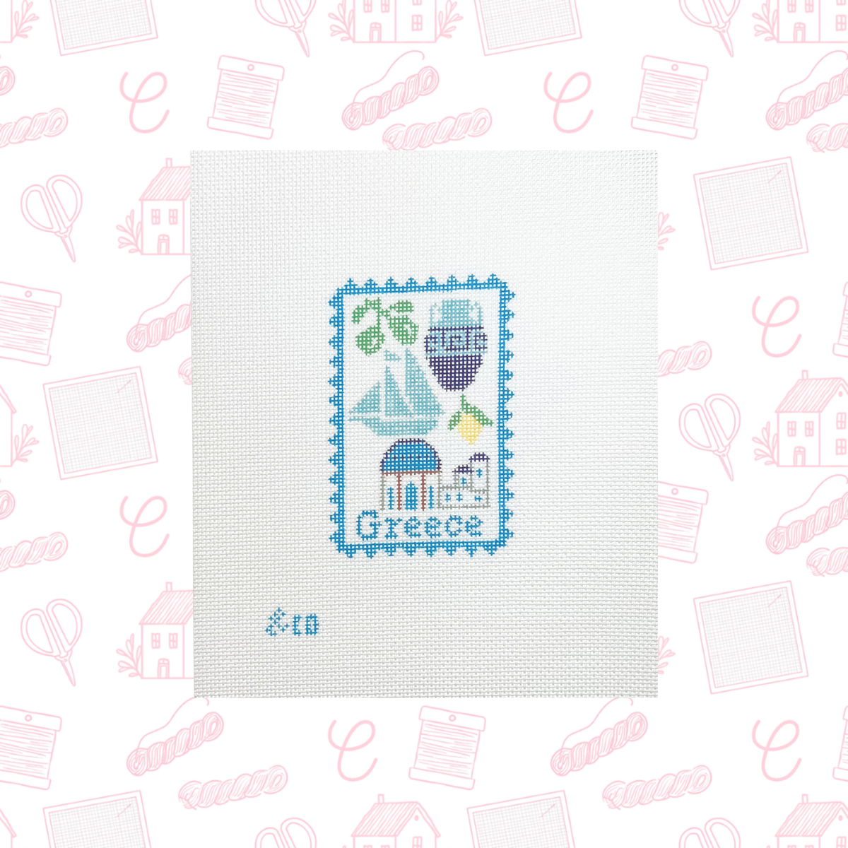Greece Travel Stamp Needlepoint Canvas, 18 Mesh, ~2.5"X4" Design Size