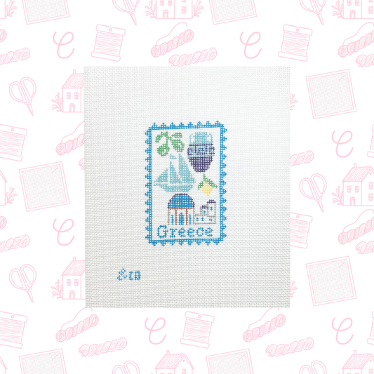 Greece Travel Stamp Needlepoint Canvas, 18 Mesh, ~2.5"X4" Design Size