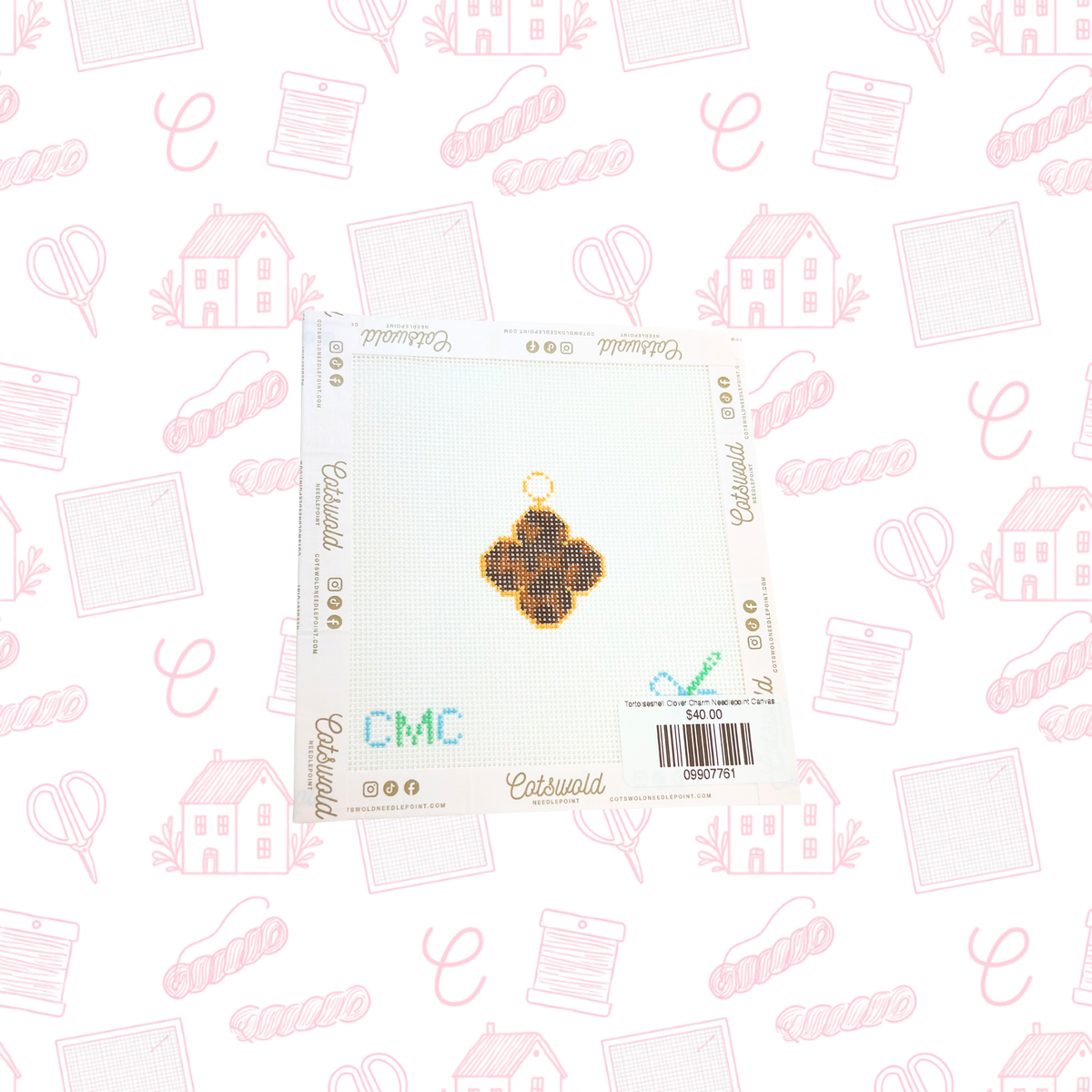 Tortoiseshell Clover Charm Needlepoint Canvas, 18 Mesh