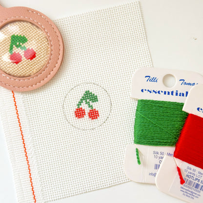 Mini Cherry 1” Round Key Fob Needlepoint Canvas, Mini Needlepoint Canvas, Cherry Needlepoint
