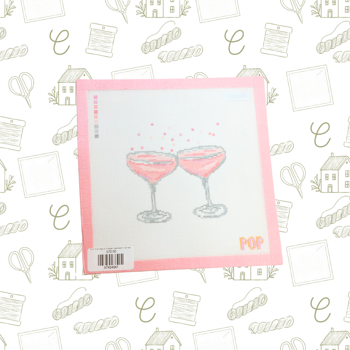 Pink Champagne Glasses Needlepoint Canvas, 18 Mesh