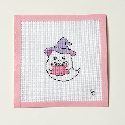 Ghost Witch Reading Book Halloween Bookish Needlepoint Canvas, 18 Mesh, 3x4 Design