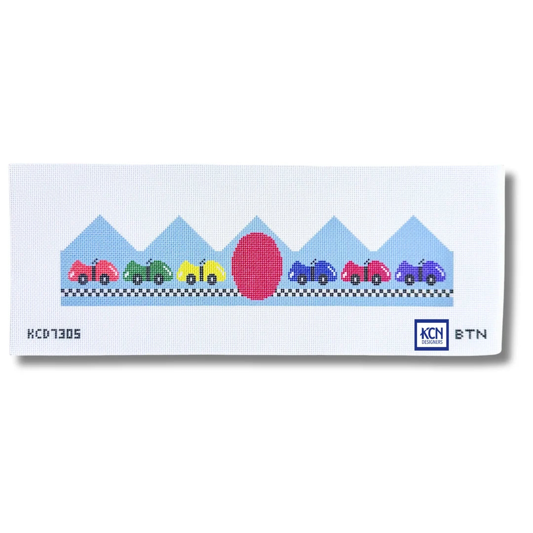 Race Car Birthday Crown Needlepoint Canvas, 13 Mesh, 15 1/2” x 3 1/2” Design