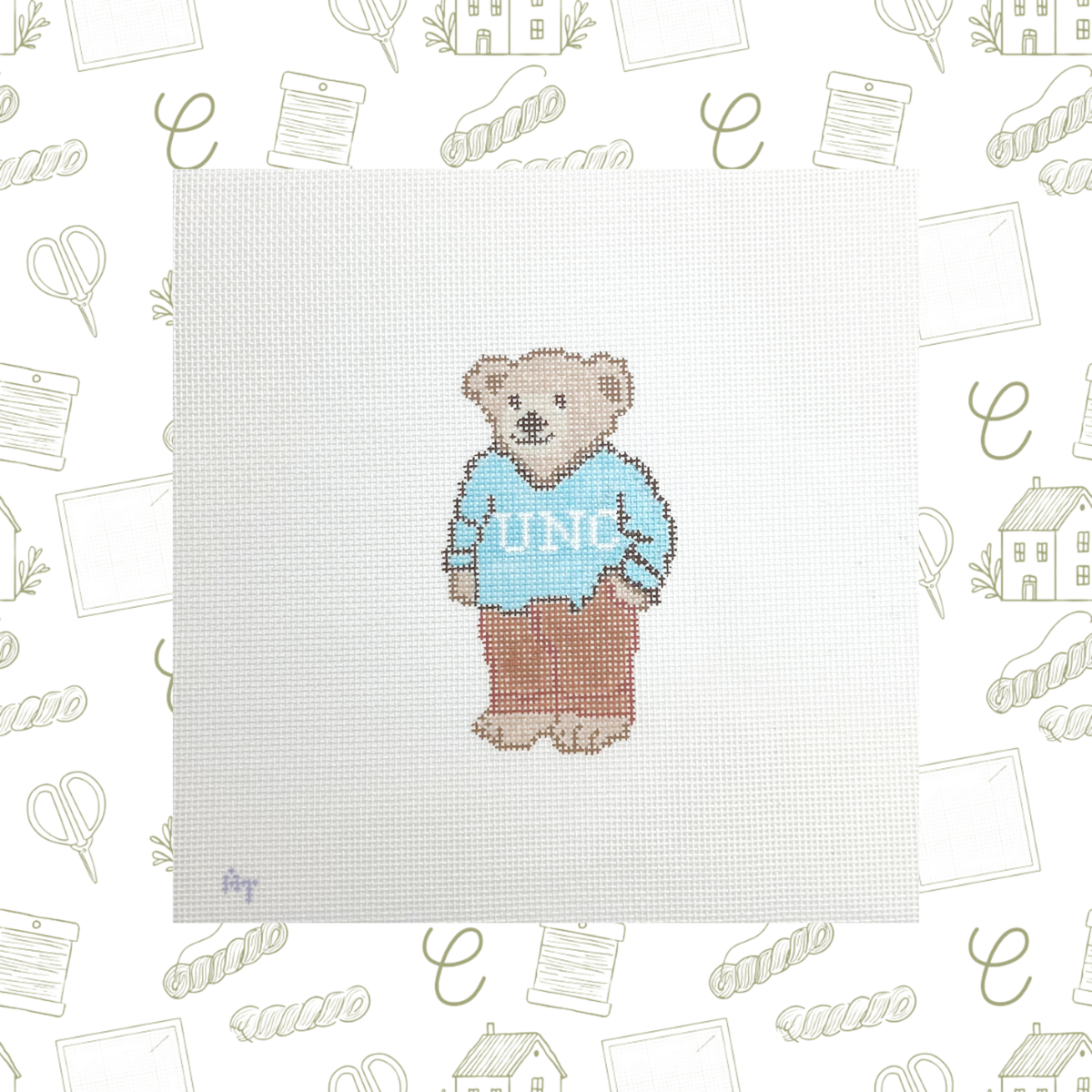 Tar Heels NC College Sweater Bear Needlepoint Canvas, 18 Mesh, 4.5" x2.5" Design Size