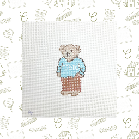 Tar Heels NC College Sweater Bear Needlepoint Canvas, 18 Mesh, 4.5" x2.5" Design Size