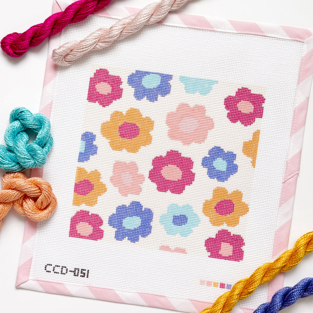 Retro Flower Pillow Needlepoint Canvas | Hand-Painted 13 Mesh | 8.5” x 8.5” Design on 12” x 12” Canvas