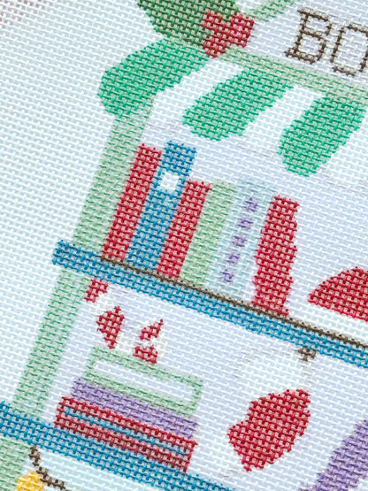 Christmas Book Trolley Cart Needlepoint Canvas 18 Mesh 5”x7” Design, Modern Christmas Bookish Neexlepoint