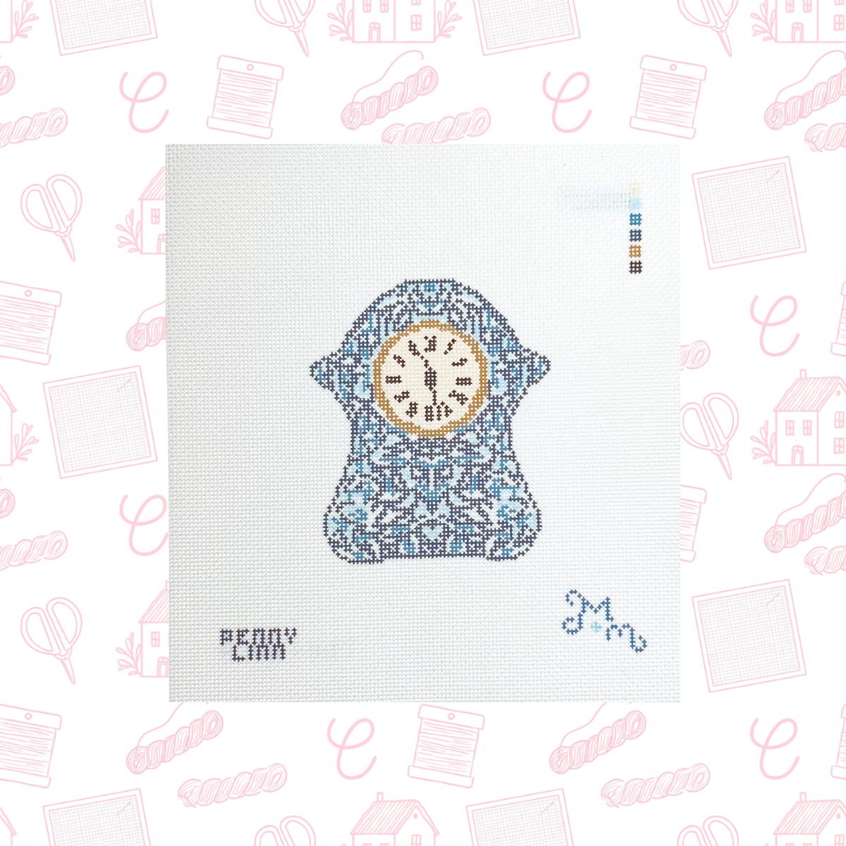 Blue Grandmother Clock Needlepoint Canvas, 18 Mesh, 3.5"x4" Design Size