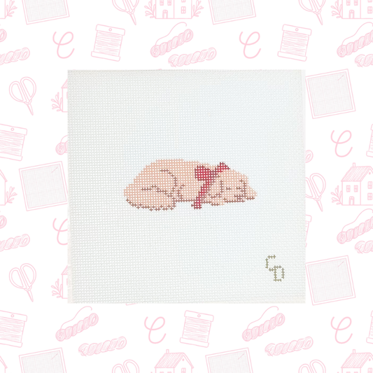 Sleeping Christmas Dog with Bow Needlepoint Canvas, 18 Mesh, ~3"x1" Design Size