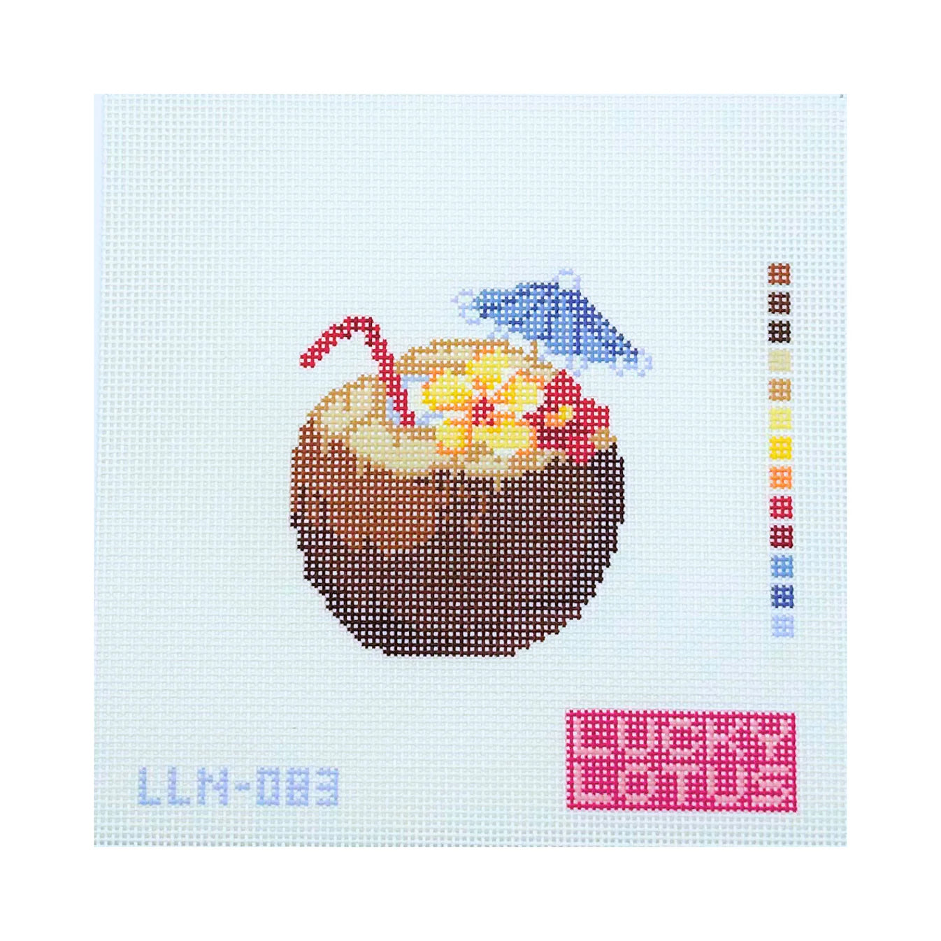 Brown Coconut Drink Tropical Needlepoint Canvas, 13 Mesh, 3.8" x 4.0" Design